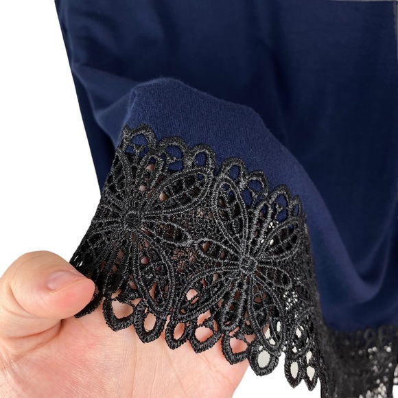 Loft Navy 3/4 Sleeve Black Lace Hem Knit Stretchy Blouse S Blue - Picture 4 of 10